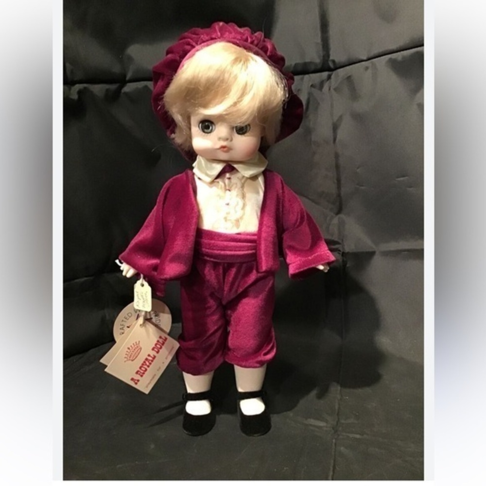 New Vintage Royal House of Dolls Timmy 1987 Christmas Boy Doll Burgundy Velvet